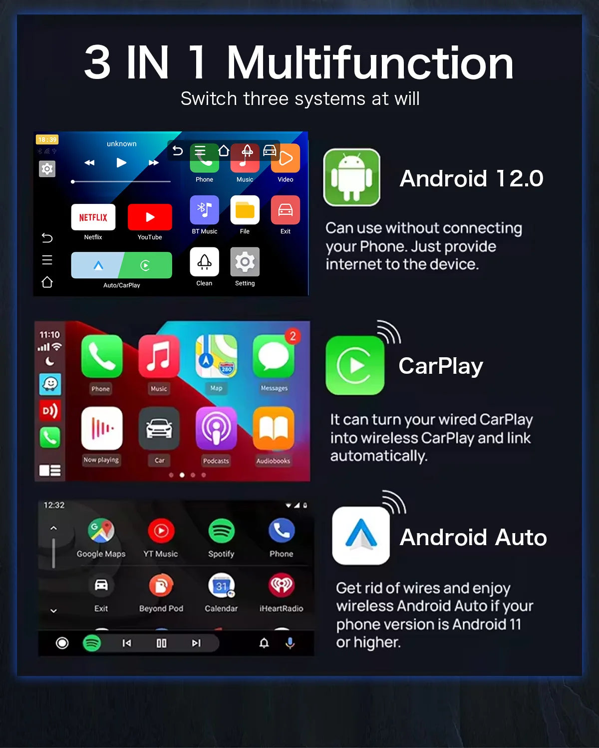 3-in-1 Car Video Smart Box with Android 12, CarPlay & WiFi