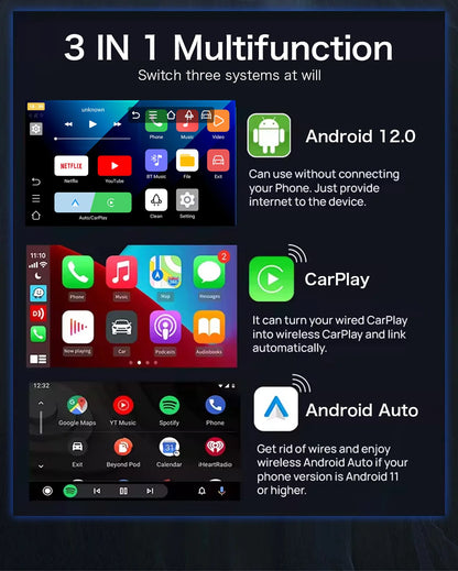 3-in-1 Car Video Smart Box with Android 12, CarPlay & WiFi