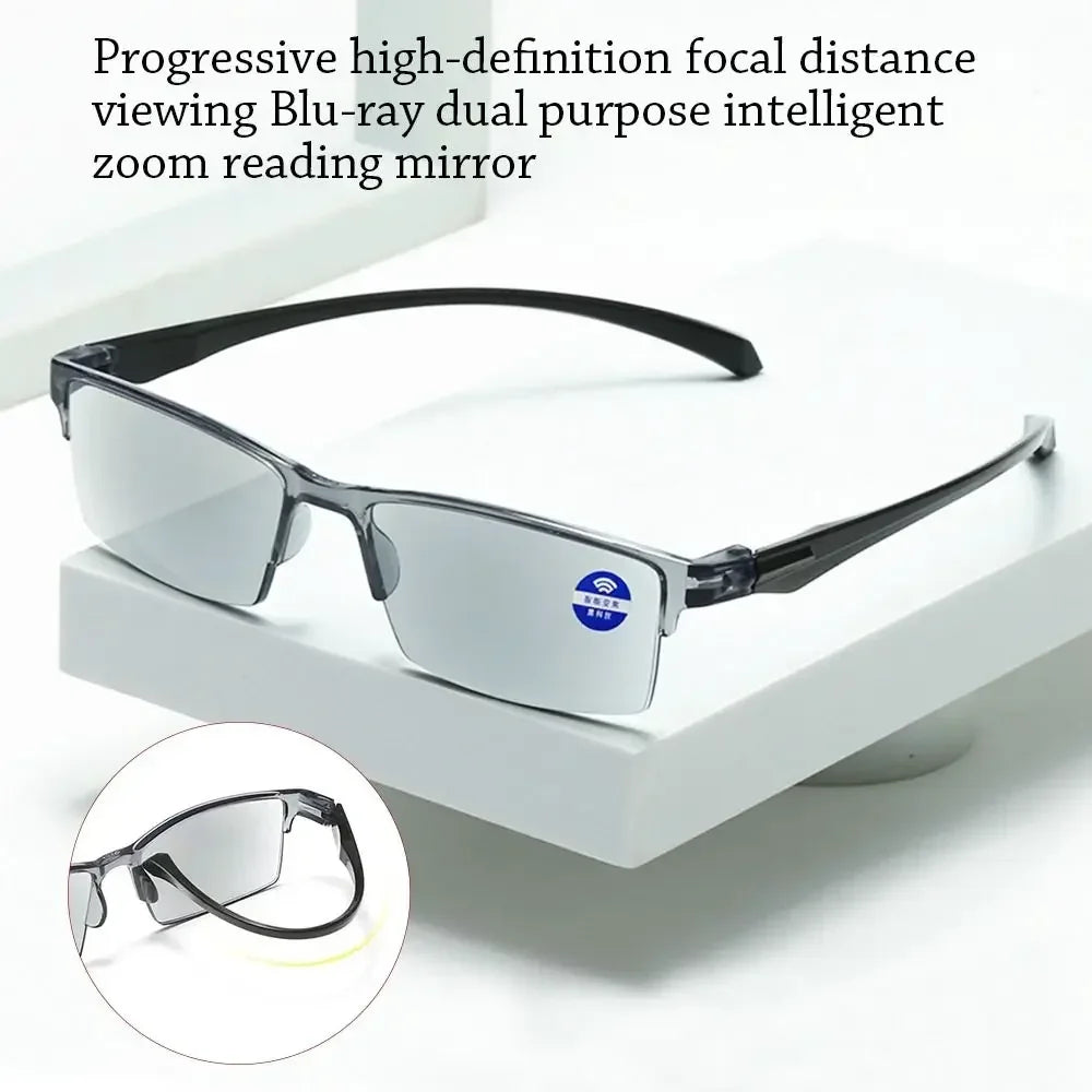Reading glasses with black frames on a white surface, accompanied by text describing their features.