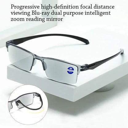Reading glasses with black frames on a white surface, accompanied by text describing their features.