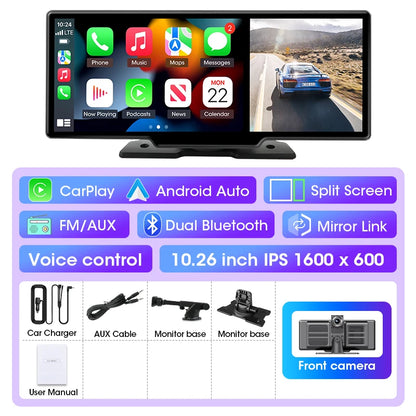 4K Dual Lens Car DVR Dash Cam with CarPlay, Android Auto, GPS, WiFi