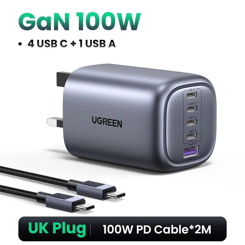 100W GaN Fast Charger – 5-Port USB-C PD QC4.0 Charger Hub
