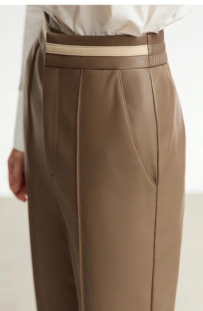 Women’s PU Leather Casual Pants – Loose Straight Floor-Length Trousers