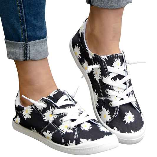 Women’s Floral Lace-Up Sneakers – Lightweight Casual Flat Shoes
