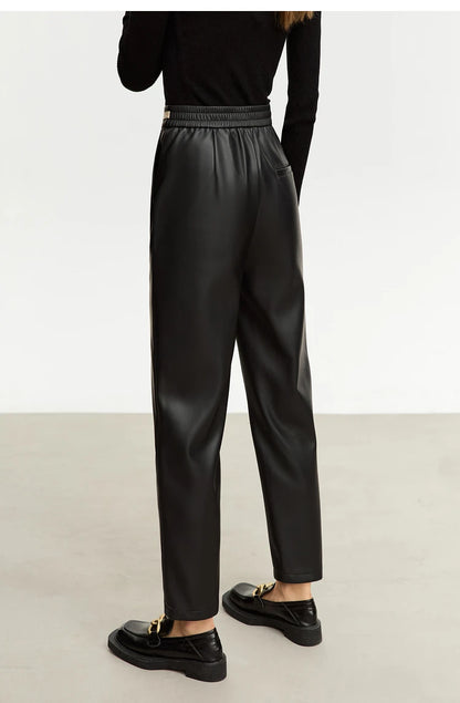 Women’s PU Leather Casual Pants – Loose Straight Floor-Length Trousers