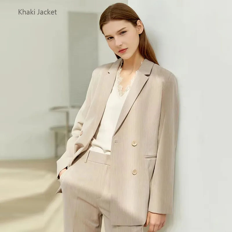 Women’s Office Blazer Set – Lace V-Neck Top & High Waist Pants
