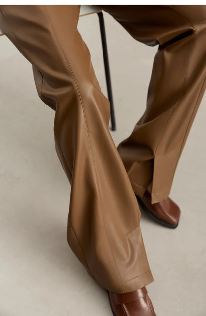 Women’s PU Leather Casual Pants – Loose Straight Floor-Length Trousers
