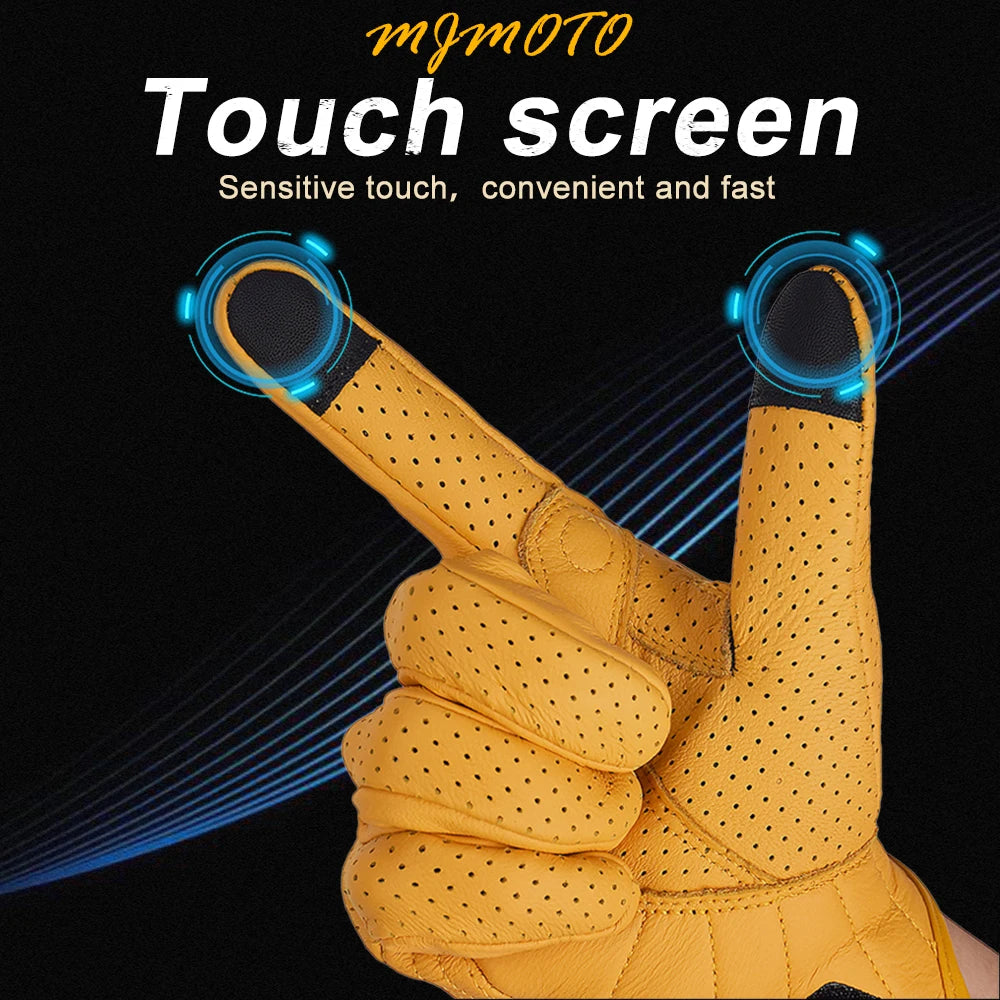 Retro Yellow Leather Motorcycle Gloves for Men & Women