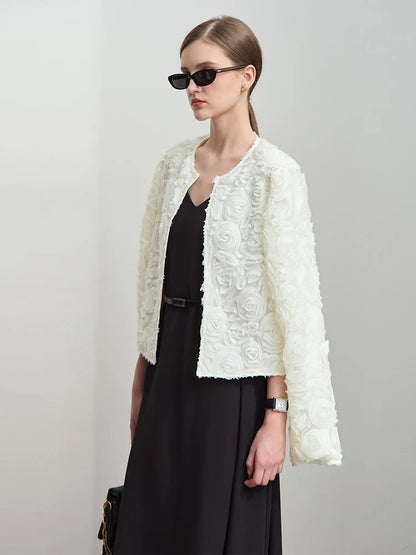 Women’s Elegant Short Jacket – Romantic Flower O-Neck Hook Button Coat