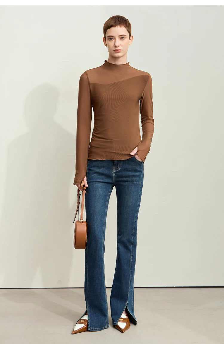Women’s Mesh Half-High Neck Slim T-Shirt – Retro Office Spring Top
