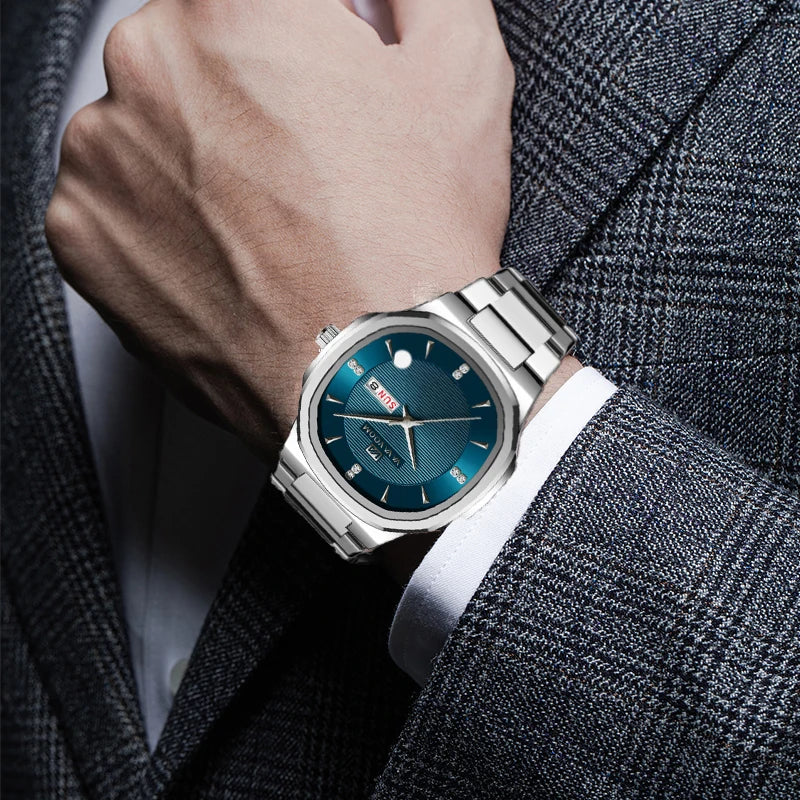 Luxury Diamond Men’s Watch – Stainless Steel Dual Date & Week Display