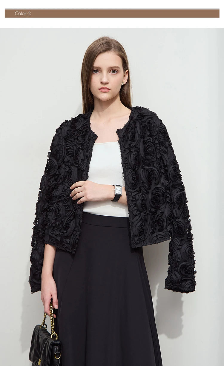Women’s Elegant Short Jacket – Romantic Flower O-Neck Hook Button Coat