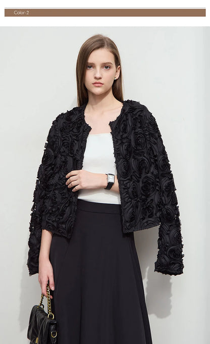 Women’s Elegant Short Jacket – Romantic Flower O-Neck Hook Button Coat
