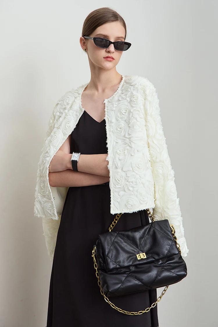 Women’s Elegant Short Jacket – Romantic Flower O-Neck Hook Button Coat