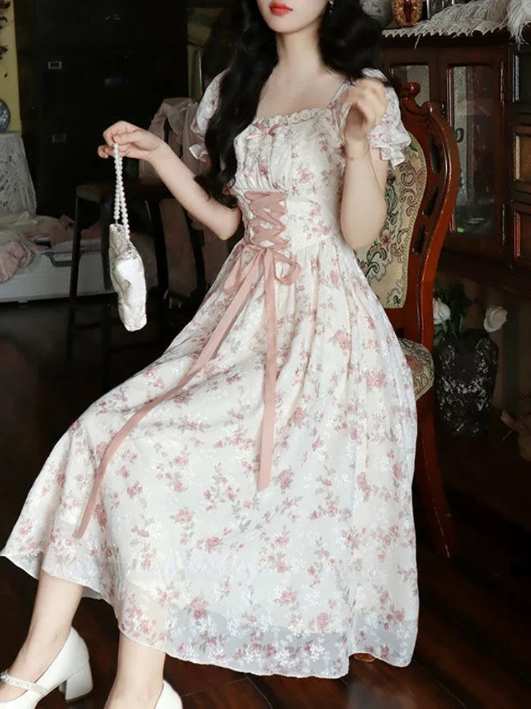 Women’s Summer Lace Fairy Dress – Square Collar Floral Princess Dress