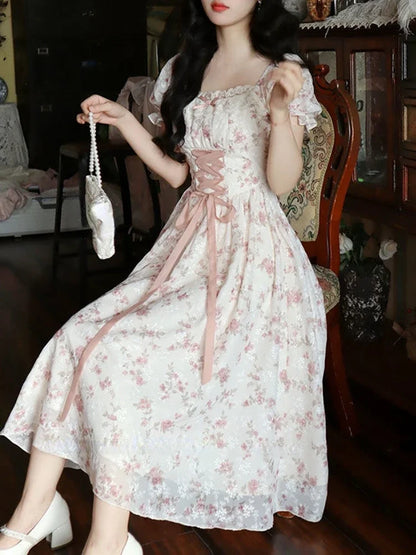 Women’s Summer Lace Fairy Dress – Square Collar Floral Princess Dress