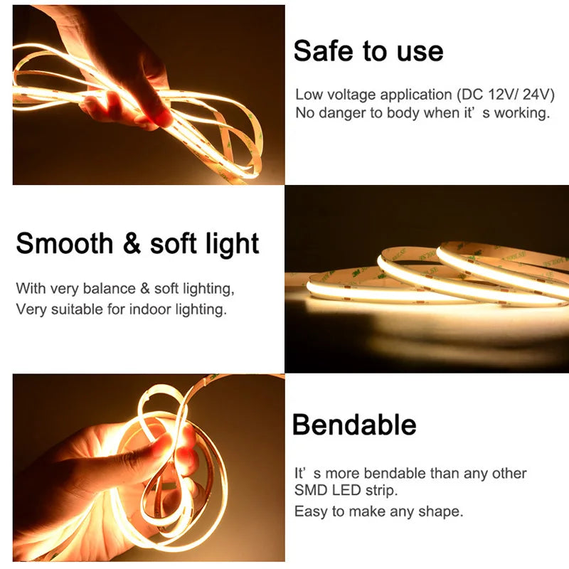 COB LED Strip Light – High Density 320/480 LEDs/m, 16.4ft Tape