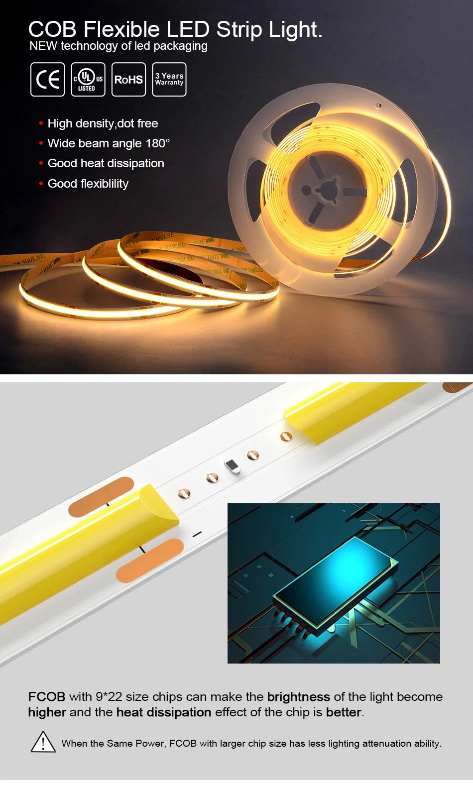 COB LED Strip Light – High Density 320/480 LEDs/m, 16.4ft Tape