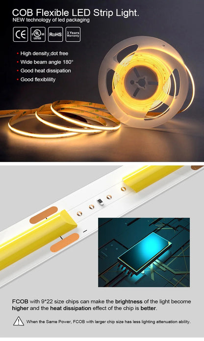 COB LED Strip Light – High Density 320/480 LEDs/m, 16.4ft Tape