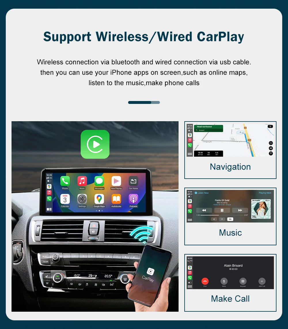 شاشة CarPlay لاسلكية مقاس 10.25 بوصة/12.3 بوصة لسيارات BMW الفئة الأولى إلى الرابعة (F20-F33)