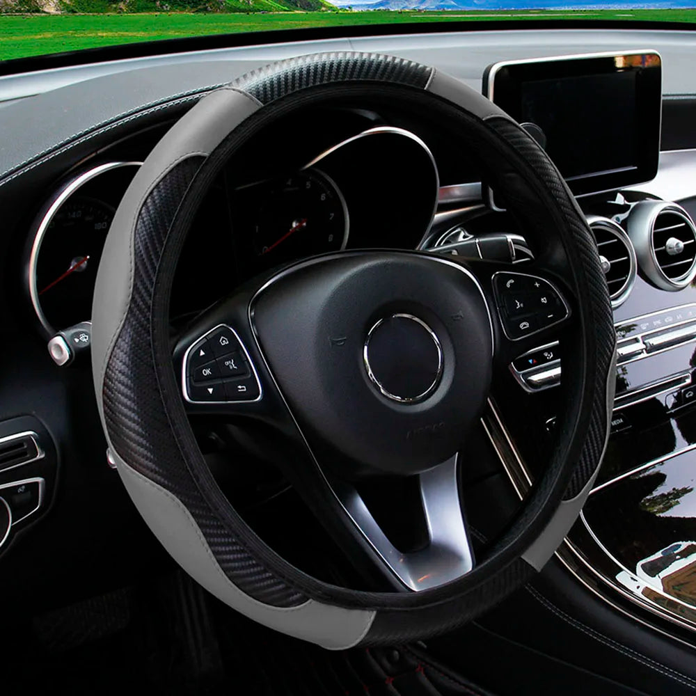 PU Carbon Fiber Leather Steering Wheel Cover 14.5–15 Inch Car Accessory
