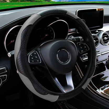 PU Carbon Fiber Leather Steering Wheel Cover 14.5–15 Inch Car Accessory