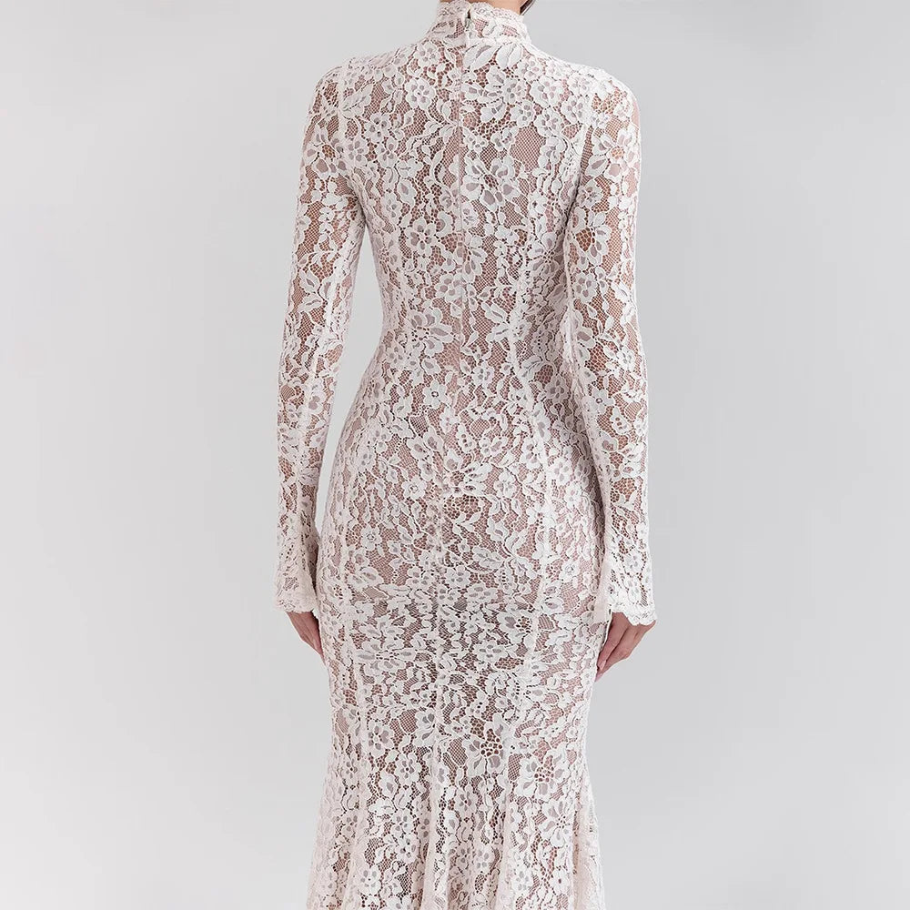 Women’s Elegant Lace Bodycon Dress – Long Sleeve Fishtail Evening Dress