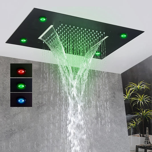 Black LED Rainfall Shower Head | Remote Control Ceiling Waterfall Tap