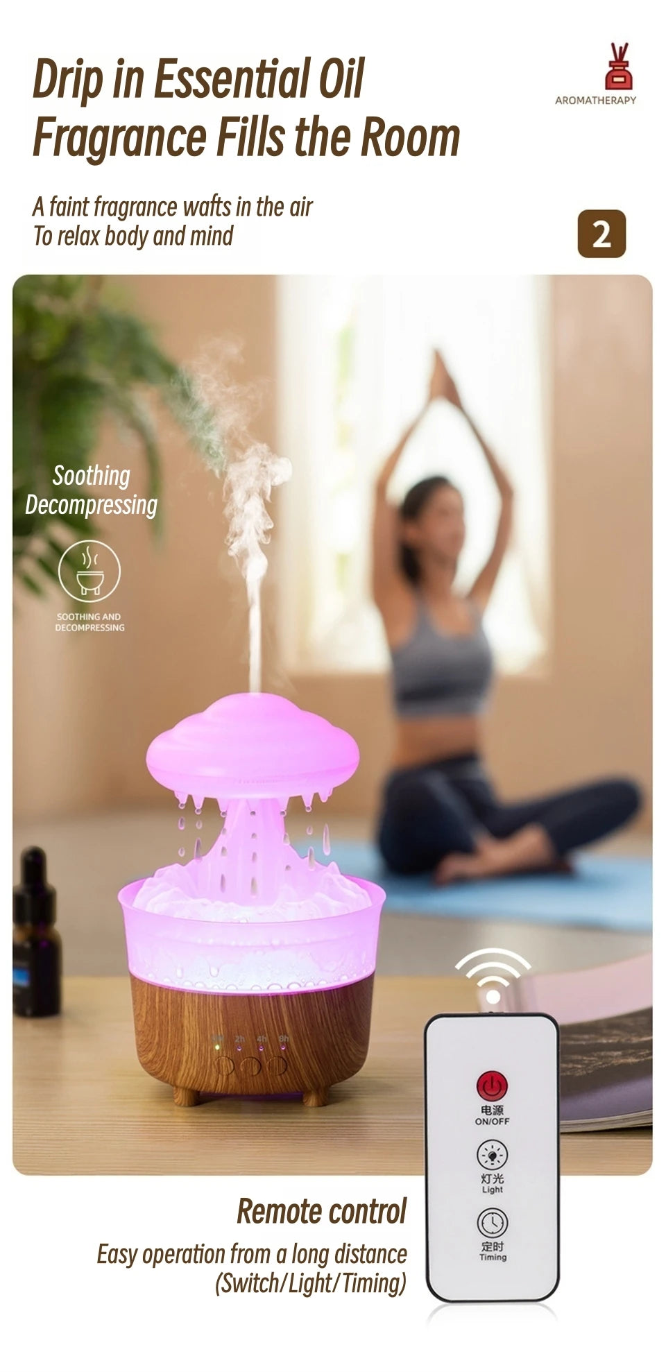 Rain Drip Mushroom Humidifier with 7 Color LED Aroma Diffuser