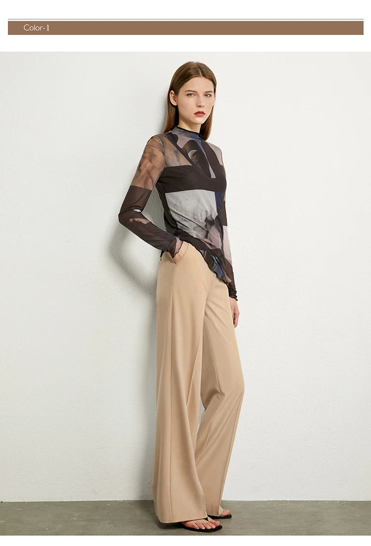 Women’s Long Sleeve Mesh Print T-Shirt – Slim Trendy Spring Top