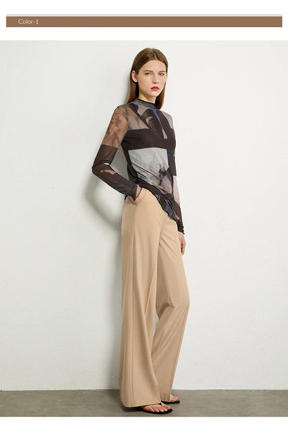 Women’s Long Sleeve Mesh Print T-Shirt – Slim Trendy Spring Top