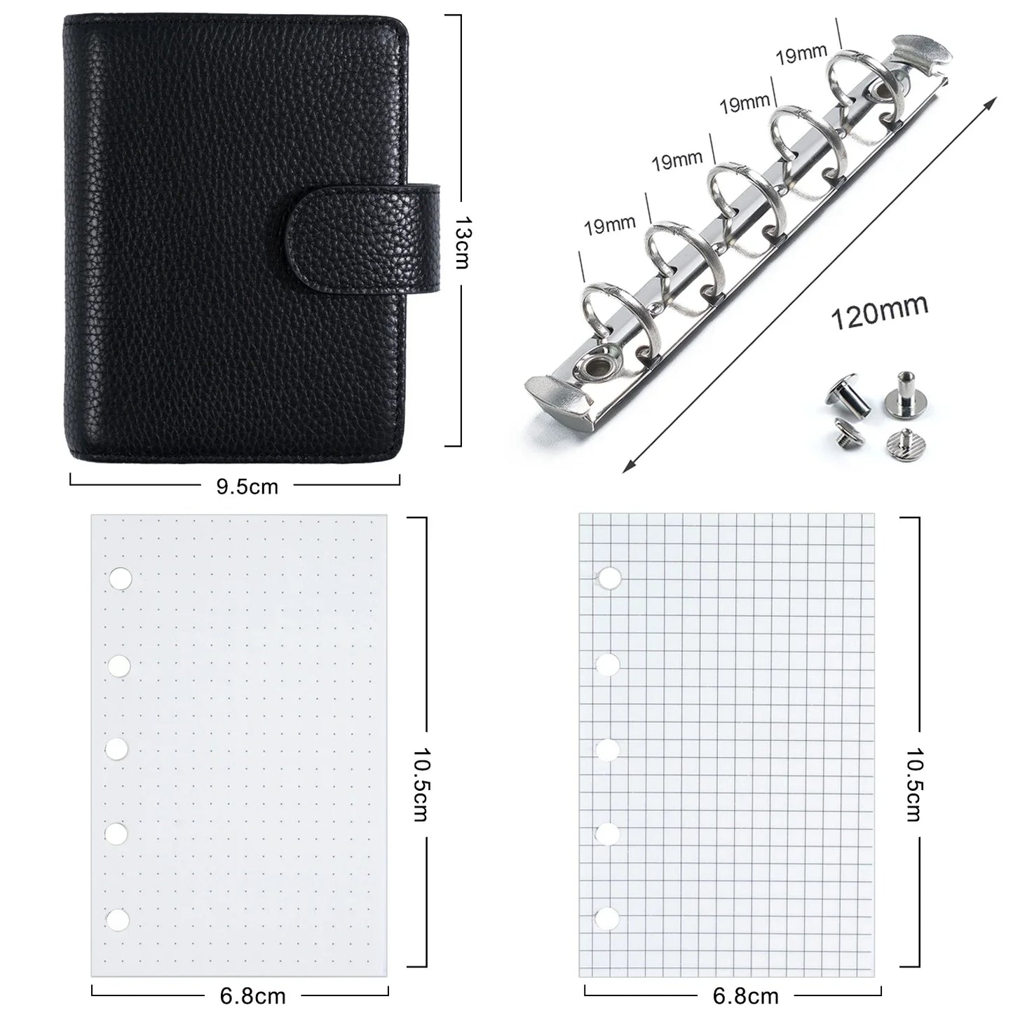 A8 / M5 Mini Rings Planner – Pebbled Grain Cowhide Leather Organizer