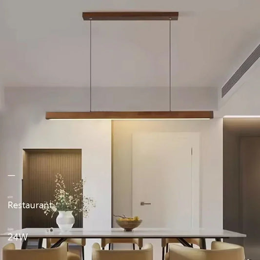 Nordic Wood LED Pendant Light – Long Strip Dining Table Fixture