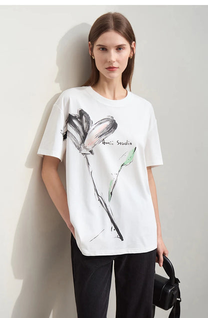 Women’s Summer Ink Art Print T-Shirt – Loose O-Neck Cotton Tee