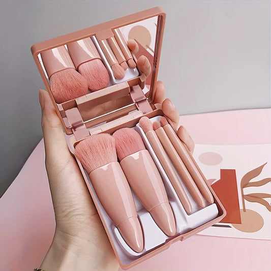 5Pcs Portable Makeup Brush Set with Mirror – Foldable Travel Kit