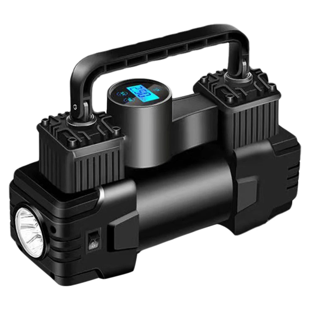 Black portable pump with digital display on a white background