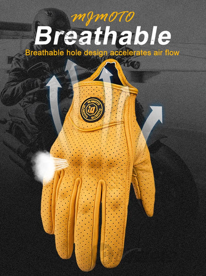Retro Yellow Leather Motorcycle Gloves for Men & Women