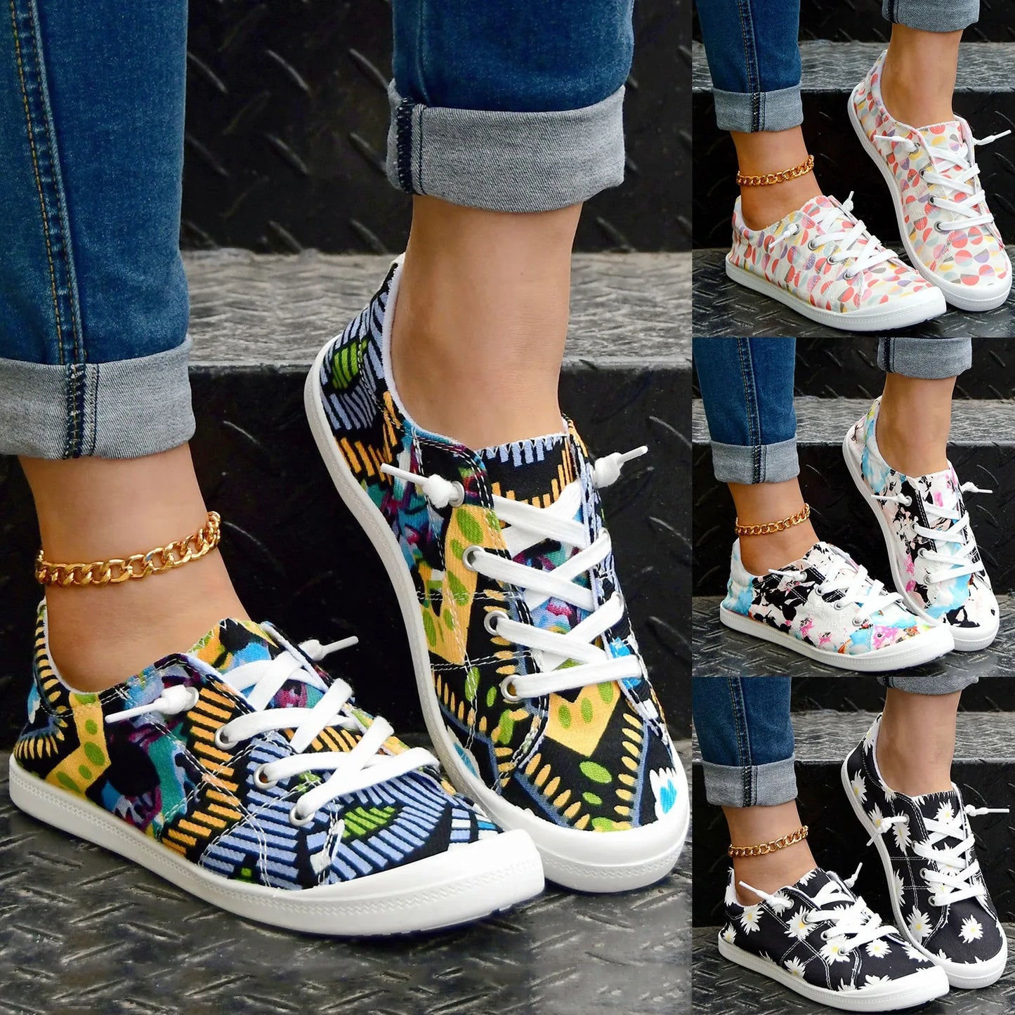 Women’s Floral Lace-Up Sneakers – Lightweight Casual Flat Shoes