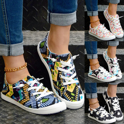 Women’s Floral Lace-Up Sneakers – Lightweight Casual Flat Shoes