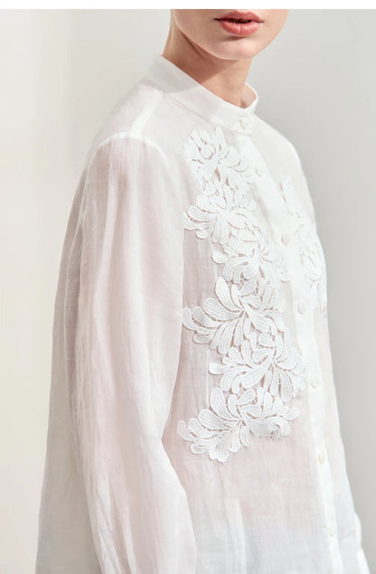 Women’s Autumn Stand Collar Lace Shirt – Elegant Shell Button Blouse