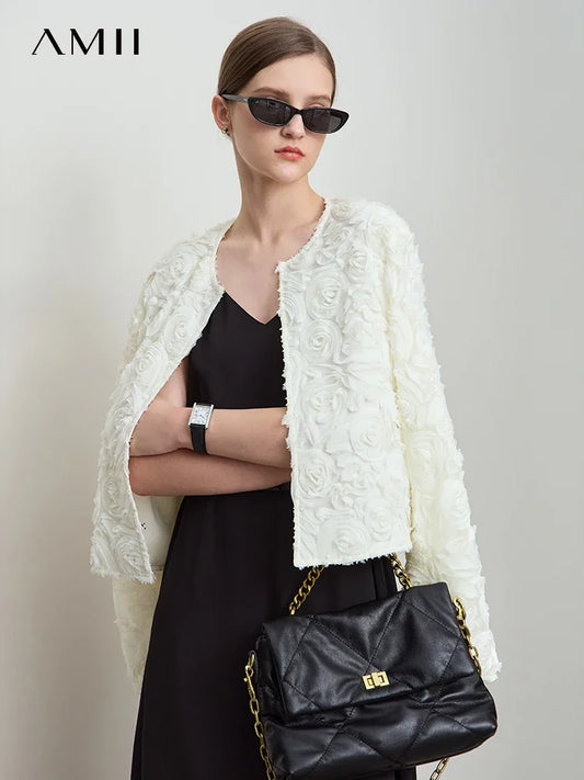 Women’s Elegant Short Jacket – Romantic Flower O-Neck Hook Button Coat