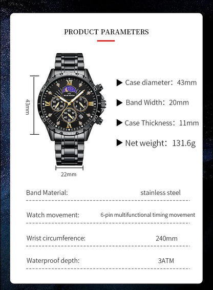 43mm Stainless Steel Men’s Quartz Watch – Diamond Night Glow