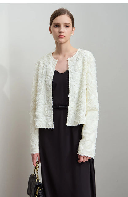 Women’s Elegant Short Jacket – Romantic Flower O-Neck Hook Button Coat