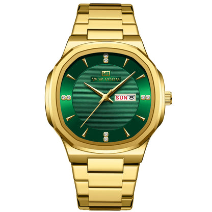 Luxury Diamond Men’s Watch – Stainless Steel Dual Date & Week Display