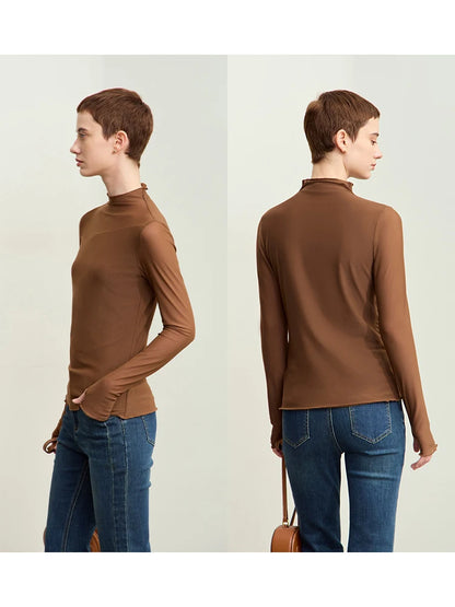 Women’s Mesh Half-High Neck Slim T-Shirt – Retro Office Spring Top