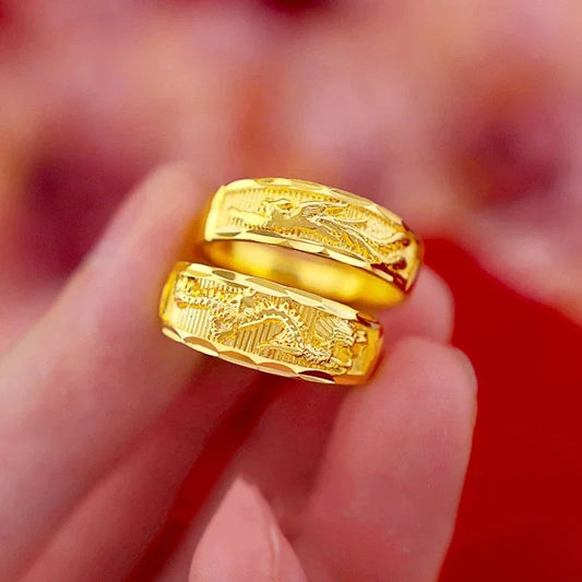 Gold Color Opening Rings for Couples – Dragon & Phoenix Design