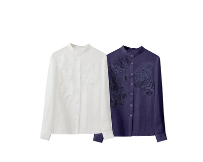 Women’s Autumn Stand Collar Lace Shirt – Elegant Shell Button Blouse