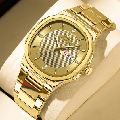 Luxury Diamond Men’s Watch – Stainless Steel Dual Date & Week Display