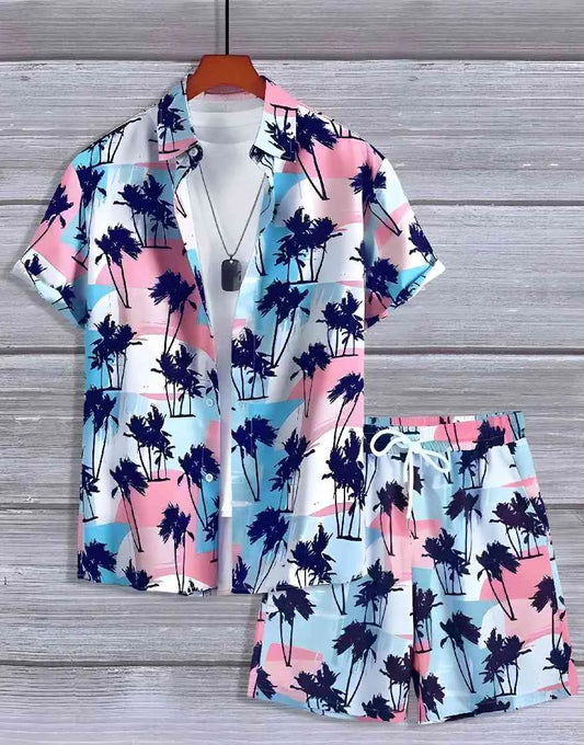 Men’s Tropical 2-Piece Set – Palm Tree Hawaiian Shirt & Shorts