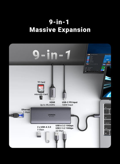 9-in-1 USB-C Hub – 4K@60Hz HDMI, 10Gbps USB, RJ45, PD 100W